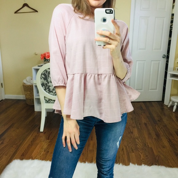 SHEIN Tops - Light Pink White Window Pane Peplum Blouse | L